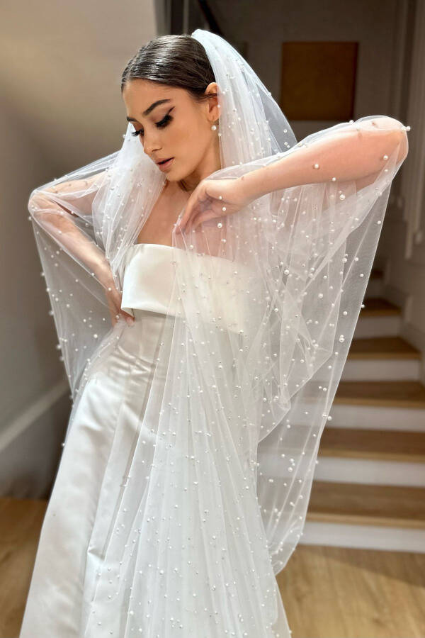 Karl Pearl Embroidered Long Dream Tulle Veil - 1