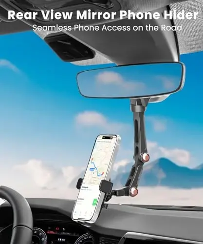 Karmus Rearview Mirror Phone Holder for Car, Rear View Mirror Phone Holder, Rotatable and Retractable Car Phone Holder Mount, Car Truck Essentials Accessories Compatible with All Cell Phones - KARMUS (1)