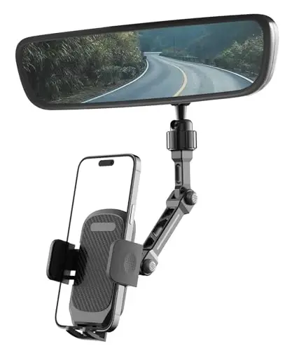 Karmus Rear View Mirror Phone Holder, Universal Compatible with All Cell Phones, Aluminum Alloy Mount with Multi-Angle Adjustment and Secure Fit 