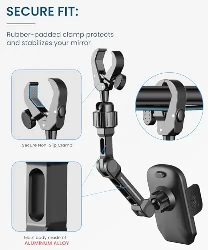 Rear View Mirror Phone Holder, Premium Aluminum Alloy Mount with Multi-Angle Adjustment, Rearview Mirror Phone Holder Mount For Car & Truck, Universal Accessories Compatible with All Cell Phone - 5