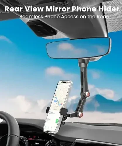 Karmus Rearview Mirror Phone Holder for Car, Rear View Mirror Phone Holder, Rotatable and Retractable Car Phone Holder Mount, Car Truck Essentials Accessories Compatible with All Cell Phones - 2