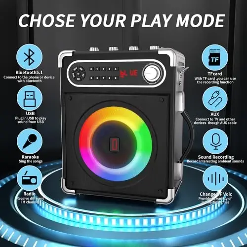 Karоke Mashinasi, Kattalar va bolalar uchun 2 simsiz mikrofonli ko'chma Bluetooth karnay, Bas/Treble sozlash, masofadan boshqarish pulti bilan PA tizimi, chiroqlar, TF karta/USBni qo'llab-quvvatlaydi, AUX kirish, TWS, FM, REC Partiyaviy Uy - 1