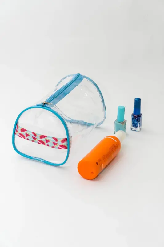 Karpuz Desen El Tutmalı Büyük Boy Mavi Şeffaf Tatil, Plaj, Kozmetik ,makyaj Ve Bakım Çantası-Mavi - ROF BAG