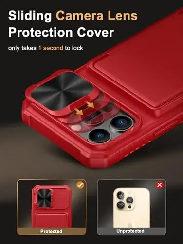 Vihibii for iPhone 13 Pro Case Wallet with Card Holder (4 Cards), 2021, Red | RFID Blocking, Slide Lens Camera Cover, Military Grade Drop Protection, Rugged Back, Silicone Edge, All-in-one wallet case - 4