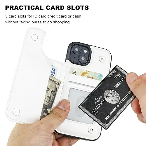 ONETOP Compatible with iPhone 15 Wallet Case with Card Holder, PU Leather Kickstand Card Slots Case, Double Magnetic Clasp and Durable Shockproof Cover 6.1 Inch (White) | Kickstand,ID/Cash Holder,Case Wallet with Card Slots,Double Magnetic Clasp,Dura - 4