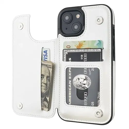 ONETOP Compatible with iPhone 15 Wallet Case with Card Holder, PU Leather Kickstand Card Slots Case, Double Magnetic Clasp and Durable Shockproof Cover 6.1 Inch (White) 