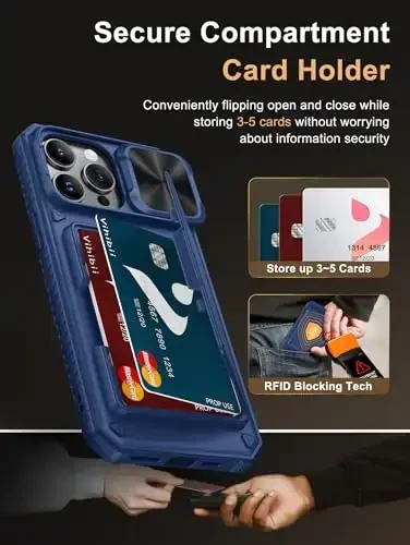 Vihibii for iPhone 14 Pro Max Wallet Case with Card Holder (4 Cards), [RFID Blocking] & Slide Lens Camera Cover & Raised Edges Protect Screen, Shockproof Rugged Wallet Phone Case, 6.7