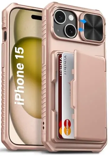 Vihibii for iPhone 15/14/13 Case with Card Holder (4 Cards), [RFID Blocking] & Slide Lens Camera Cover, Military Grade Drop Protection, Rugged Heavy Duty Wallet Case, Rose Gold - 1
