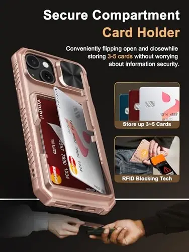 Vihibii for iPhone 15/14/13 Case with Card Holder (4 Cards), [RFID Blocking] & Slide Lens Camera Cover, Military Grade Drop Protection, Rugged Heavy Duty Wallet Case, Rose Gold - 3