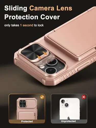 Vihibii for iPhone 15/14/13 Case with Card Holder (4 Cards), [RFID Blocking] & Slide Lens Camera Cover, Military Grade Drop Protection, Rugged Heavy Duty Wallet Case, Rose Gold - 4