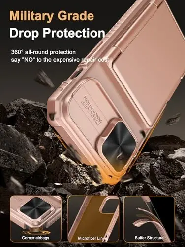 Vihibii for iPhone 15/14/13 Case with Card Holder (4 Cards), [RFID Blocking] & Slide Lens Camera Cover, Military Grade Drop Protection, Rugged Heavy Duty Wallet Case, Rose Gold - 5