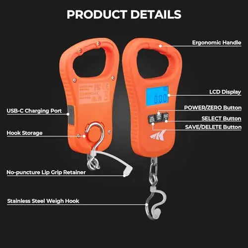 KastKing ToughTide Fishing Scale, USB Charging, 65lb Capacity, Ultra-Thin Digital Fish Scale, LCD Display, Ergonomic Handle, Fish Scales Digital Weight, Fishing Accessories for Men - 6