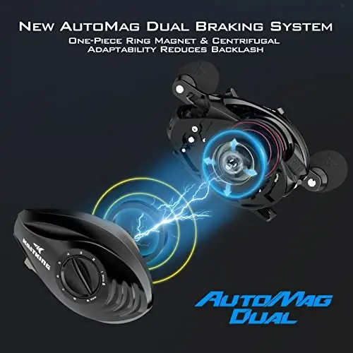 KastKing MegaJaws Elite Baitcasting Fishing Reel, New AutoMag Dual Braking System, Only 6.7oz, 17.64 LBs Carbon Fiber Drag, 11+1 Shielded BB, High Speed 5.4: 1 to 9.1: 1 Gear Ratios - 2