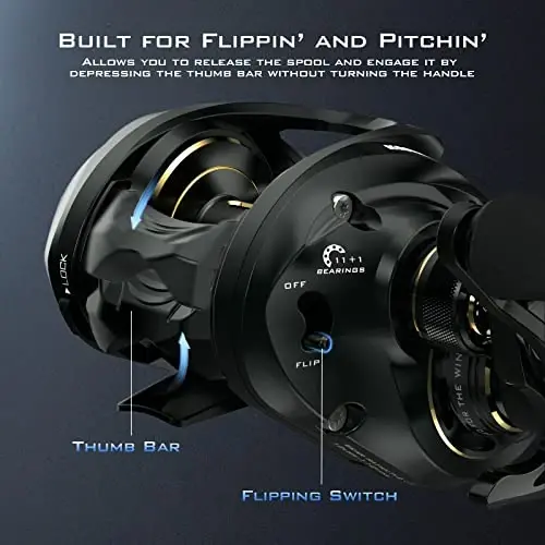 KastKing MegaJaws Elite Baitcasting Makaralari, Patentlangan AMB Tizimi Orqaga Qaytishni Yo'q qiladi, Ag'darish Tugmachasi Funktsiyasi, 6.4oz Alyuminiy Ramkali Baliqchilik Makarasi Karbon Tolali Yon Qoplamalari bilan - 2