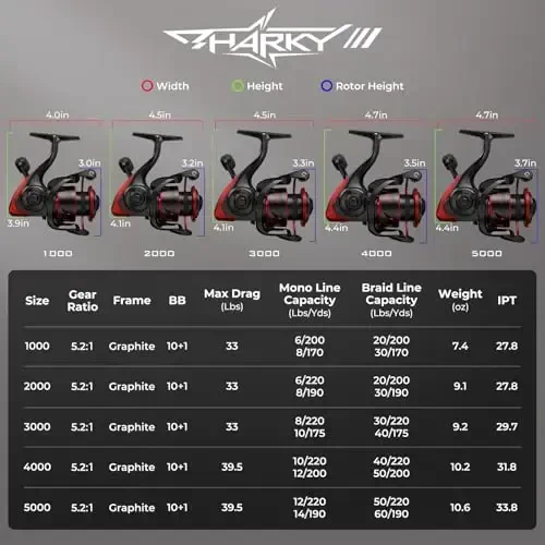 KastKing Sharky III Fishing Reel - New Spinning Reel - Carbon Fiber 39.5 LBs Max Drag - 10+1 Stainless BB for Saltwater or Freshwater - Oversize Shaft - Super Value! - 3