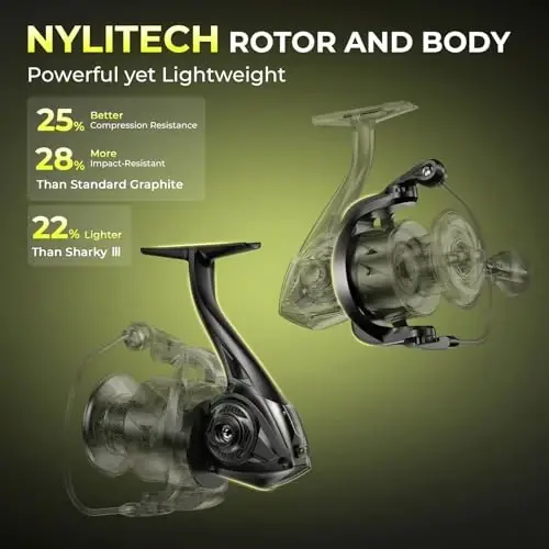 KastKing Sharky Spinning Reel – 5.2: 1 & 6.2: 1 Gear Ratios, Carbon Fiber Drag 33–39.5LB, 10+1 Stainless Bearings, Lightweight Nylitech Body, Oversize Shaft, for Saltwater & Freshwater - 3