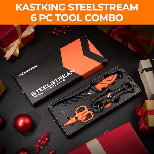 KastKing SteelStream 6pc Fishing Tool Kit - Corrosion Resistant Fishing Pliers with Lanyard, Fillet Knife, Floating Fish Lip Gripper, Fishing Braid Scissors, Tool Retractor, Fishing Gifts for Men - 6