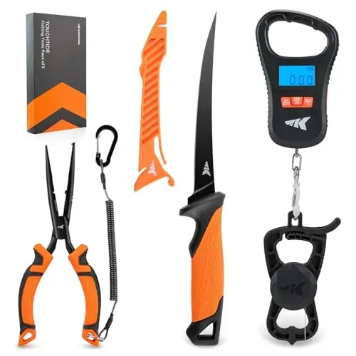 KastKing ToughTide 5pc Fishing Tool Kit, Fishing Gear and Gifts for Men | Rechargeable 65 lb Digital Fish Scale with Lip Grip & Tape Measure, Fillet Knife with Sheath & Sharpener, Fishing Pliers - 1