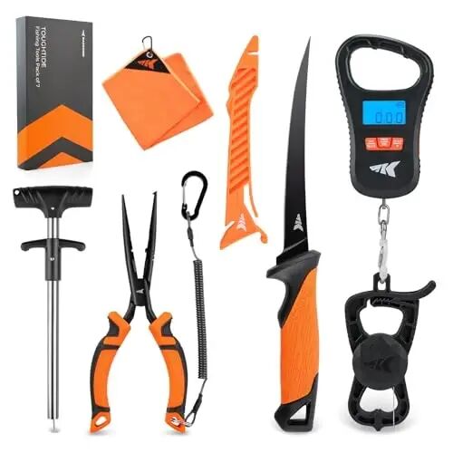 KastKing ToughTide 7pc Fishing Tool Kit, Fishing Gear and Gifts for Men | Digital Fish Scale with Lip Grip & Tape Measure, Fillet Knife with Sheath & Sharpener, Fishing Pliers, Hook Remover - 1