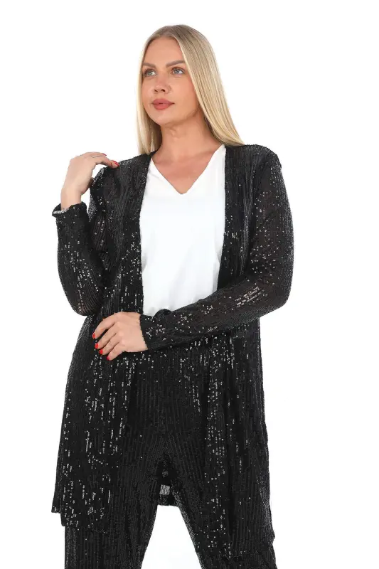 Katga kattaroq tanali payetli shim-ko'ylak-blusa 3 ta but uyg'unligi Qora GLS534 - 2