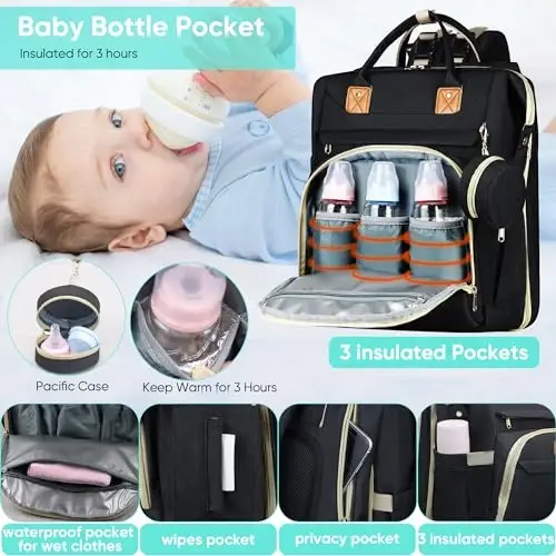 Diaper Bag Backpack for Mom and Dad, Large Capacity Baby Travel Bag with USB Charging Port, Waterproof Foldable Baby Bag for Boys and Girls, Stylish Maternity Backpack for Travel & Hospital，Black - 4