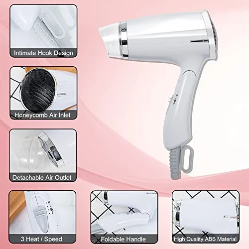 Travel Hair Dryer Folding Hair Blow Dryer Compact Travel Blow Dryer Portabel Small Hair Dryer Heat Settings Lightweight Mini 8x7inch Low Noise (White) - 3