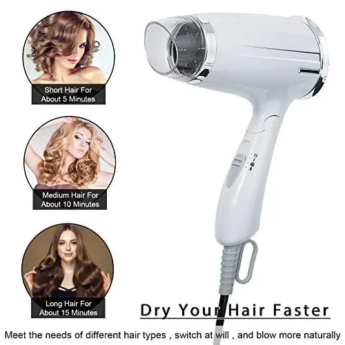 Travel Hair Dryer Folding Hair Blow Dryer Compact Travel Blow Dryer Portabel Small Hair Dryer Heat Settings Lightweight Mini 8x7inch Low Noise (White) - 5