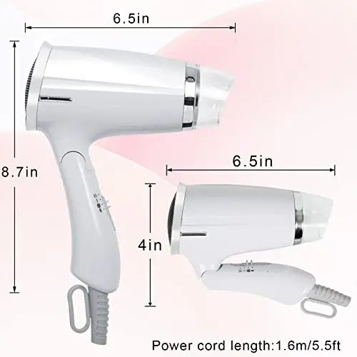 Travel Hair Dryer Folding Hair Blow Dryer Compact Travel Blow Dryer Portabel Small Hair Dryer Heat Settings Lightweight Mini 8x7inch Low Noise (White) - 2