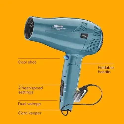 Conair Cord-Keeper Dryer with Folding Handle and Retractable Cord, 1875W Travel Hair Dryer, Ionic Technology, Teal - Conair (1)
