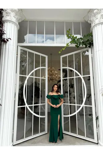Katre Ruffle Collar Slit Evening Dress 582834-EMERALD - 2