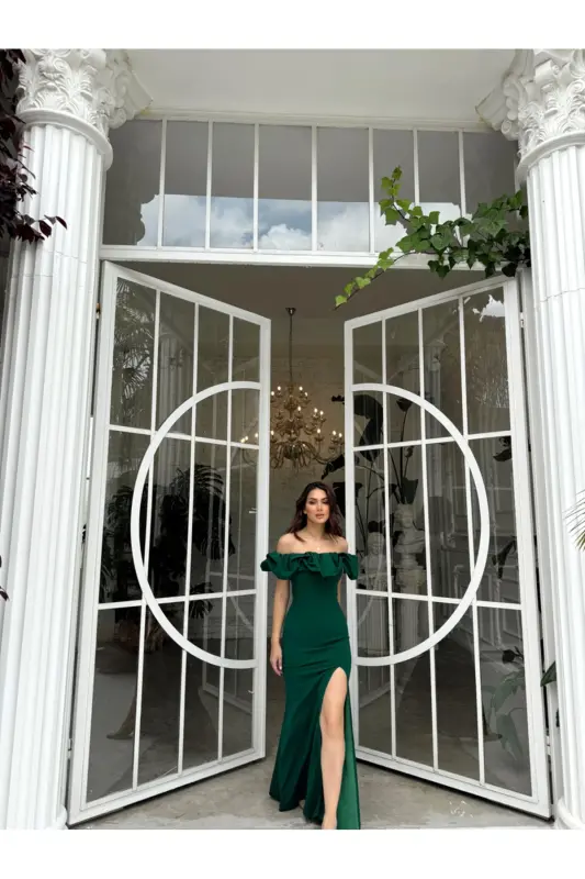 Katre Ruffle Collar Slit Evening Dress 582834-EMERALD - 4