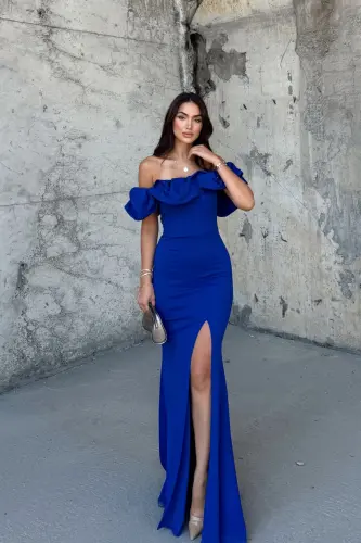 Katre Yaka Fırfırlı Yırtmaçlı Abiye 582834 - SAKS MAVİSİ - 3
