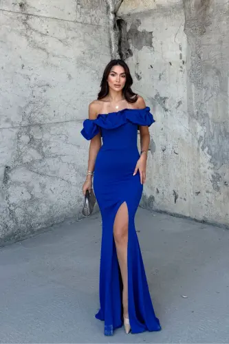 Katre Yaka Fırfırlı Yırtmaçlı Abiye 582834-SAKS MAVİSİ 