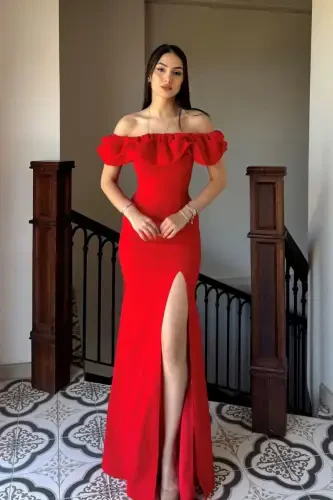 Katre Yaka Frilly Slit Evening Dress 582834 RED - 1