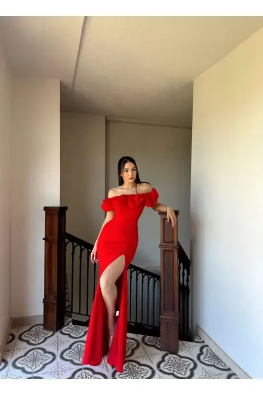 Katre Yaka Frilly Slit Evening Dress 582834 RED - 4