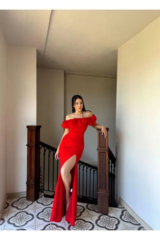 Katre Yaka Frilly Slit Evening Dress 582834 RED - 4