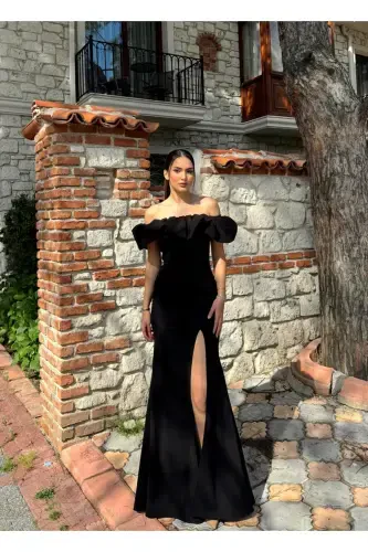 Katre Yaka Ruffled Slit Evening Dress 582834-BLACK - 3