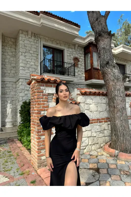 Katre Yaka Ruffled Slit Evening Dress 582834-BLACK - 6