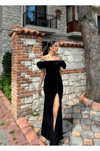 Katre Yaka Ruffled Slit Evening Dress 582834-BLACK - 11
