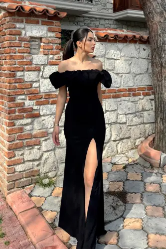 Katre Yaka Ruffled Slit Evening Dress 582834-BLACK - 3