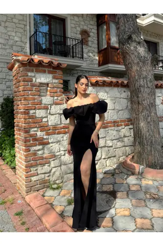 Katre Yaka Ruffled Slit Evening Dress 582834-BLACK - 6