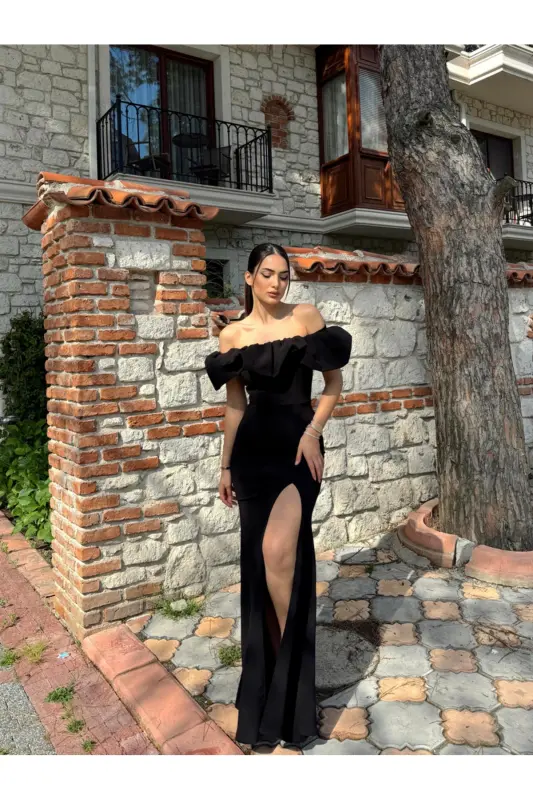 Katre Yaka Ruffled Slit Evening Dress 582834-BLACK - 6