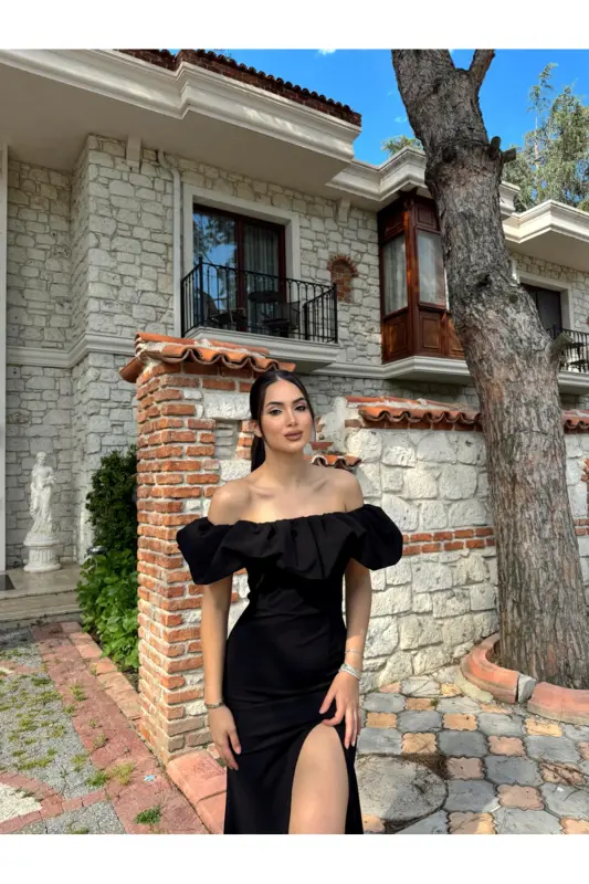 Katre Yaka Ruffled Slit Evening Dress 582834-BLACK - 7