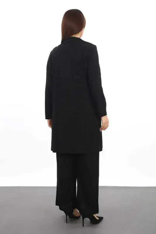 Katta hajmdagi ayollar uch qismli o'z-o'zidan payetli shimlar bluz pidjak kechki liboslari to'plami KL3081 Qora - 5