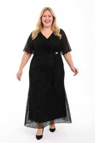 Katta hajmdagi yaltiroq uzun kechki libos KL3099 qora - 1