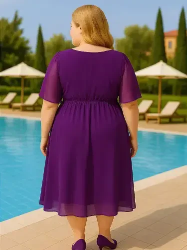 Katta hajmli, beli elastikli, yengil shifon ko'ylak, plash yengli KL3096 binafsha - 3