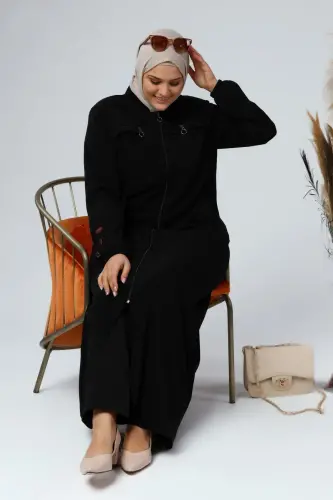 Katta Hajmli Kiyim Ayollar Hijob Uzun Frantsuz Tugma Tafsilotli Yozgi Libos - Qora - 4