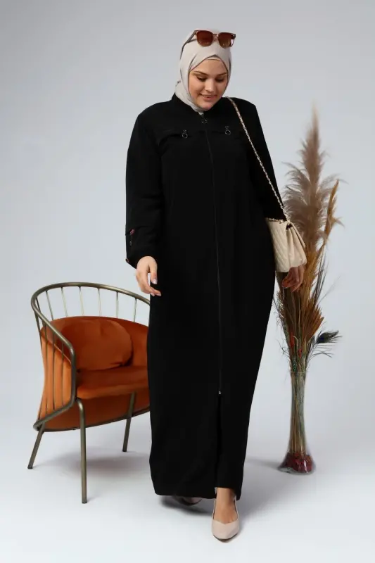 Katta Hajmli Kiyim Ayollar Hijob Uzun Frantsuz Tugma Tafsilotli Yozgi Libos - Qora - 5