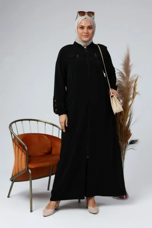 Katta Hajmli Kiyim Ayollar Hijob Uzun Frantsuz Tugma Tafsilotli Yozgi Libos - Qora - 6