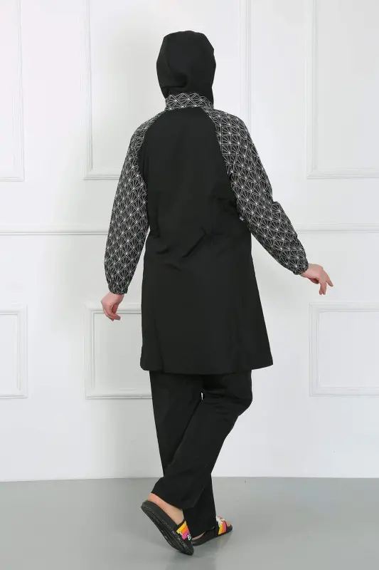 Katta hajmli naqshli hijob suzish kostyumi Qora 44030 - 6